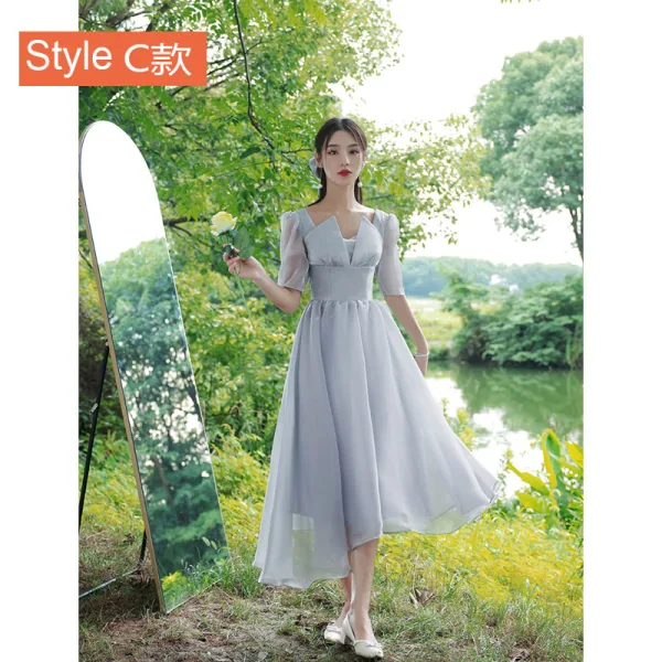 Modest / Simple Sky Blue Bridesmaid Dresses 2021 A-Line / Princess V-Neck Bow Short Sleeve Backless Tea-length Wedding Party Dresses
