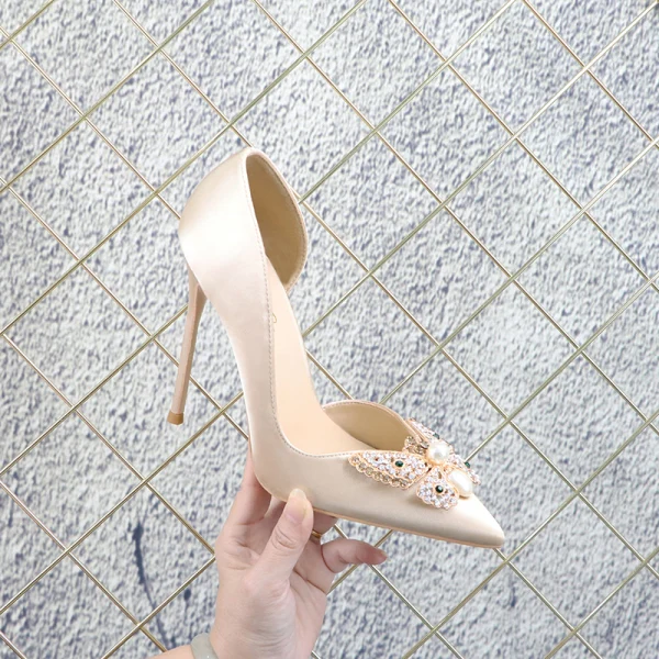 Charming Black Evening Party Rhinestone Pearl Butterfly Satin Womens Shoes 2021 12 cm Stiletto Heels Pointed Toe Womens Shoes High Heels