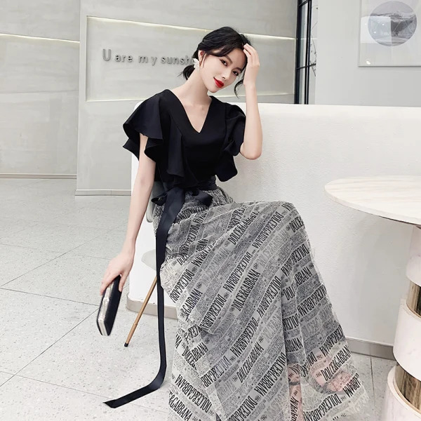 Mode Noire Noeud Robe De Bal 2021 Princesse V-Cou Manches Courtes Longue Promo Robe De Ceremonie