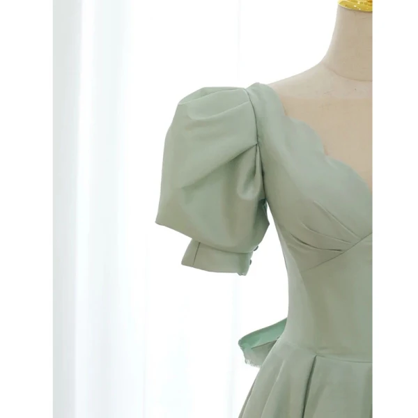 Chic / Beautiful Sage Green Homecoming Satin Graduation Dresses 2021 A-Line / Princess V-Neck Short Sleeve Backless Bow Tea-length Formal Dresses