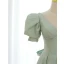 Chic / Beautiful Sage Green Homecoming Satin Graduation Dresses 2021 A-Line / Princess V-Neck Short Sleeve Backless Bow Tea-length Formal Dresses