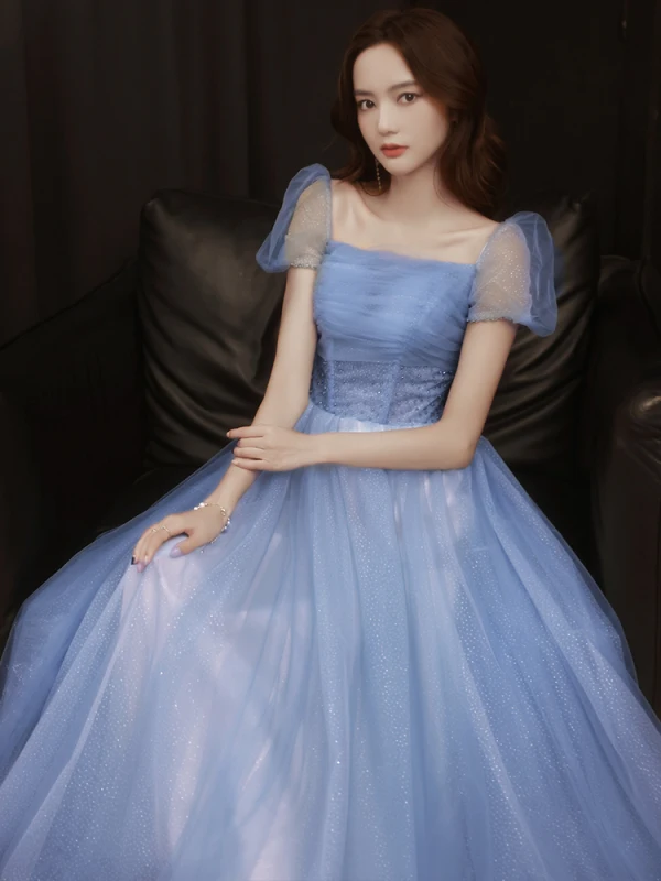 Chic / Belle Bleu Ciel Paillettes Robe De Bal 2021 Princesse Encolure Carrée Manches Courtes Dos Nu Longue Robe De Ceremonie