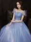 Chic / Belle Bleu Ciel Paillettes Robe De Bal 2021 Princesse Encolure Carrée Manches Courtes Dos Nu Longue Robe De Ceremonie
