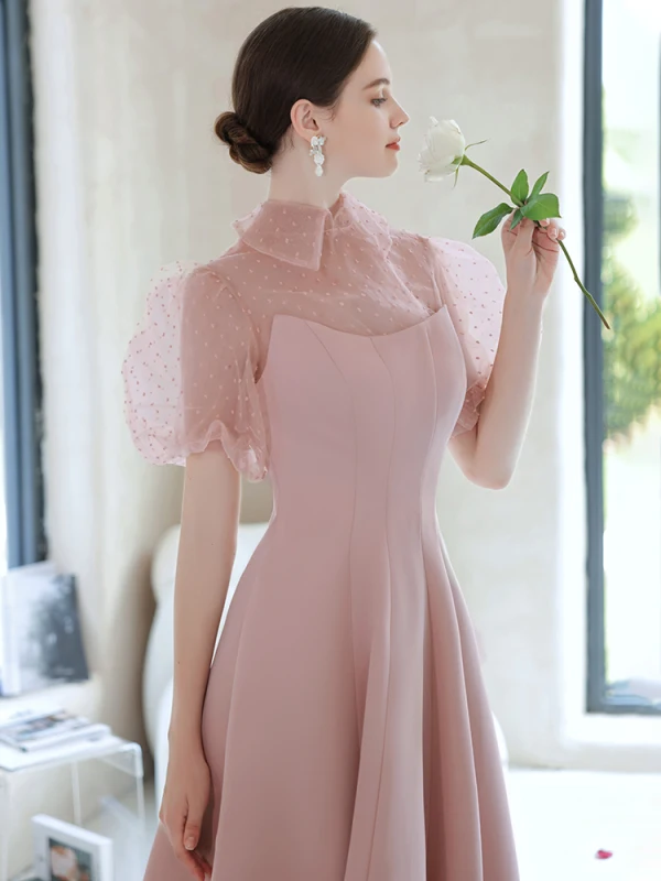 Elegant Blushing Pink Spotted Prom Dresses 2021 A-Line / Princess Short Sleeve Backless Floor-Length / Long Formal Dresses