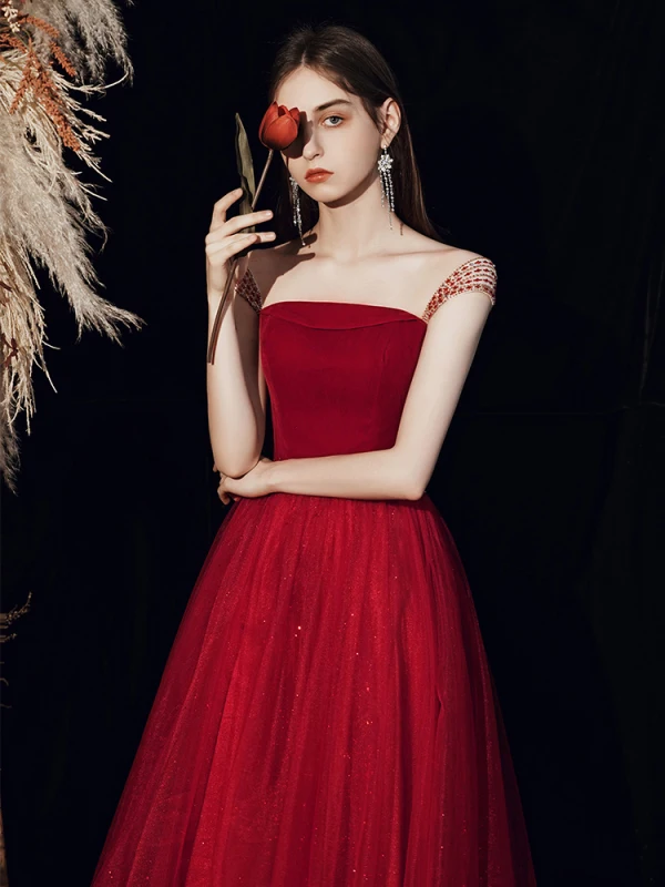 Charming Burgundy Prom Dresses Evening Dresses  2021 A-Line / Princess Square Neckline Beading Sequins Sleeveless Backless Floor-Length / Long Formal Dresses