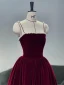 Chic / Beautiful Burgundy Suede Pearl Prom Dresses 2021 A-Line / Princess Spaghetti Straps Sleeveless Tea-length Formal Dresses
