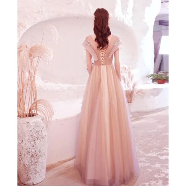 Charmant Rougissant Rose Perlage Perle Paillettes En Dentelle Fleur Robe De Bal 2021 Princesse Encolure Dégagée Manches Courtes Dos Nu Longue Robe De Ceremonie