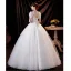 Charming Ivory Beading Wedding Dresses 2021 Ball Gown V-Neck Lace Flower Appliques Sequins Short Sleeve Backless Floor-Length / Long Wedding