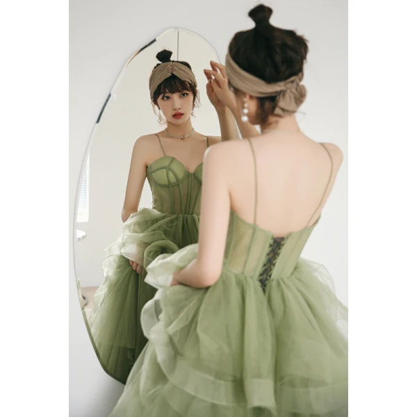 Chic / Beautiful Cascading Ruffles Sage Green Prom Dresses 2021 A-Line / Princess Spaghetti Straps Sleeveless Backless Court Train Prom Formal Dresses