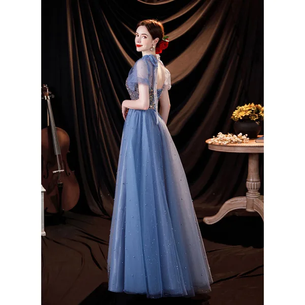 Fashion Ocean Blue Prom Dresses 2021 A-Line / Princess High Neck Beading Pearl Sequins Short Sleeve Backless Floor-Length / Long Formal Dresses