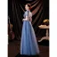 Fashion Ocean Blue Prom Dresses 2021 A-Line / Princess High Neck Beading Pearl Sequins Short Sleeve Backless Floor-Length / Long Formal Dresses