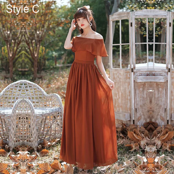 Modest / Simple Caramel Bridesmaid Dresses 2021 A-Line / Princess Short Sleeve Backless Floor-Length / Long Wedding Party Dresses