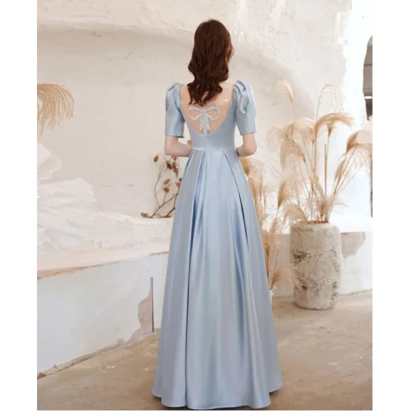 Elegant Sky Blue Satin Prom Dresses 2021 A-Line / Princess Square Neckline Short Sleeve Backless Floor-Length / Long Formal Dresses