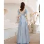 Elegant Sky Blue Satin Prom Dresses 2021 A-Line / Princess Square Neckline Short Sleeve Backless Floor-Length / Long Formal Dresses