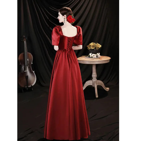 Elegant Burgundy Satin Prom Dresses 2021 A-Line / Princess Square Neckline Puffy Short Sleeve Backless Floor-Length / Long Prom Dresses