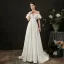 High End Ivory / Creme Satin Brautkleider / Hochzeitskleider 2021 A Linie Rüschen Off Shoulder Kurze Ärmel Rückenfreies Sweep / Pinsel Zug Hochzeit