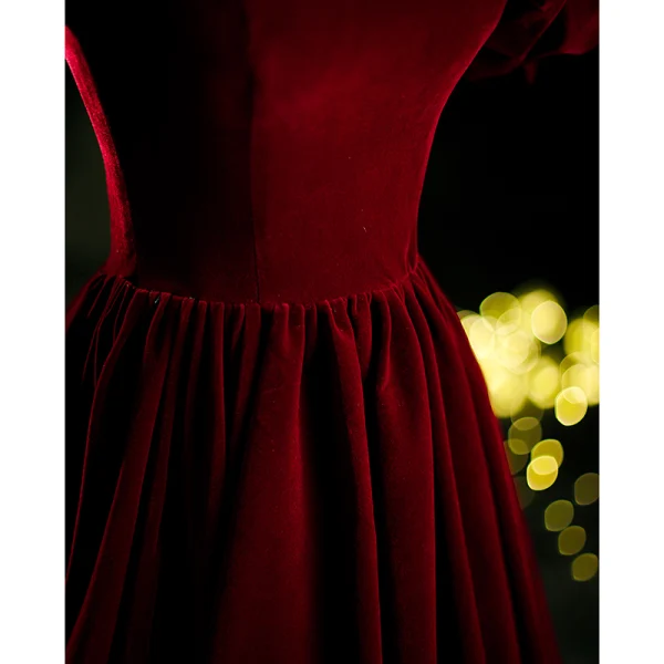 Vintage / Retro Burgundy Suede Prom Dresses 2021 A-Line / Princess Square Neckline Puffy Short Sleeve Backless Floor-Length / Long Formal Dresses