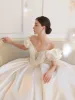 High-end Ivory Satin Wedding Dresses 2019 Ball Gown Off-The-Shoulder Ruffle Beading Lace Flower Short Sleeve Backless Royal Train Wedding