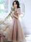 Chic / Belle Rougissant Rose Robe De Bal 2021 Princesse Encolure Carrée Perlage Appliques Paillettes Manches Courtes Dos Nu Longue Robe De Ceremonie