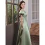 Elegante Salbeigrün Satin Ballkleider 2021 A Linie V-Ausschnitt Geschwollenes Kurze Ärmel Lange Festliche Kleider