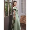 Elegant Sage Green Satin Prom Dresses 2021 A-Line / Princess V-Neck Puffy Short Sleeve Floor-Length / Long Formal Dresses