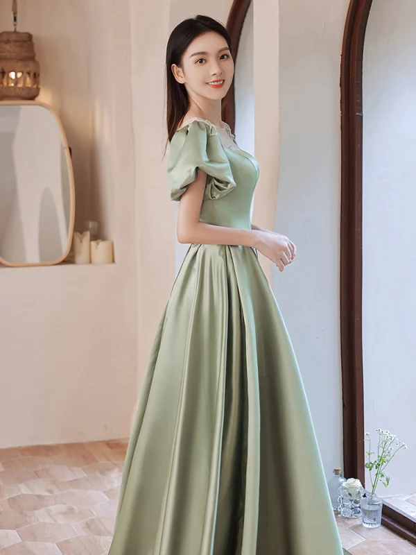 Elegant Sage Green Satin Prom Dresses 2021 A-Line Princess Scoop Neck Puffy Short Sleeve