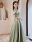 Elegant Sage Green Satin Prom Dresses 2021 A-Line / Princess Scoop Neck Puffy Short Sleeve Floor-Length / Long Formal Dresses