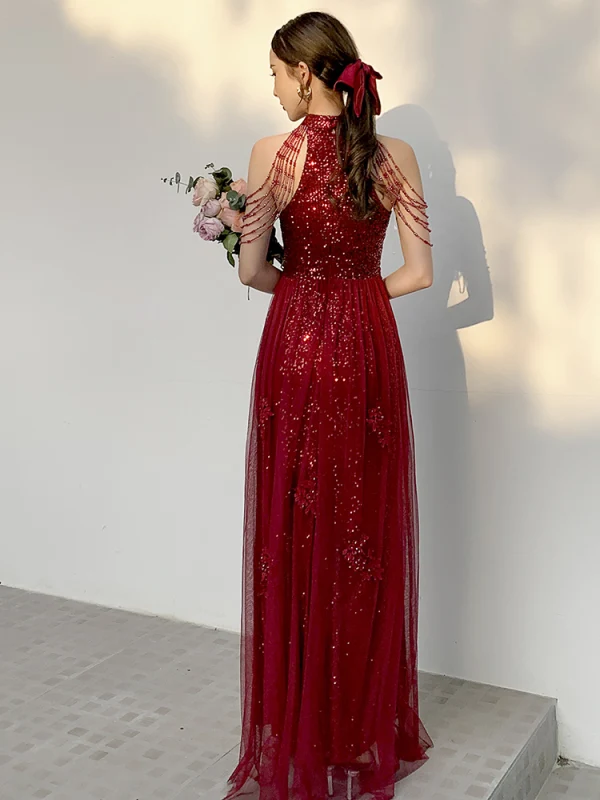 Charming Sparkly Burgundy Sequins Evening Dresses 2021 A-Line / Princess Sleeveless Scoop Neck Floor-Length / Long Prom Formal Dresses