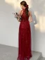 Charming Sparkly Burgundy Sequins Evening Dresses 2021 A-Line / Princess Sleeveless Scoop Neck Floor-Length / Long Prom Formal Dresses