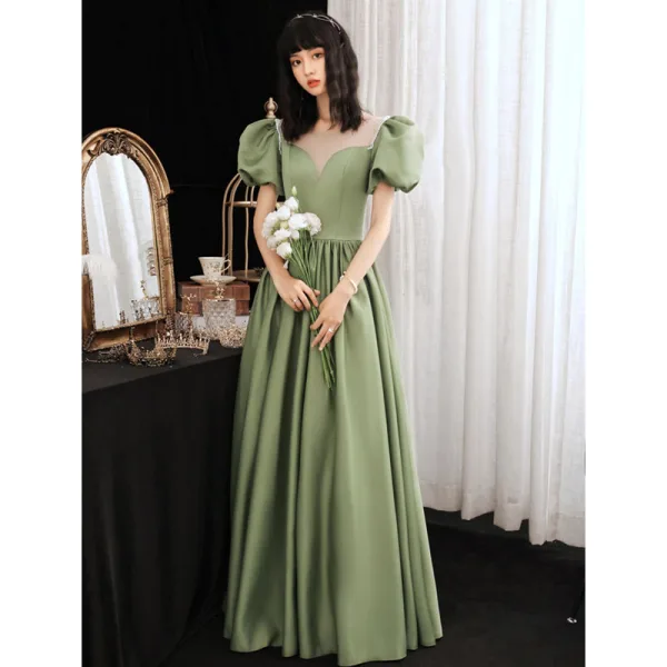 Chic / Beautiful Sage Green Prom Dresses 2021 A-Line / Princess Scoop Neck Beading Backless Puffy Short Sleeve Floor-Length / Long Formal Dresses