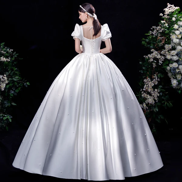 Elegant Ivory Satin Wedding Dresses 2021 Ball Gown Square Neckline Pearl Puffy Short Sleeve Backless Floor-Length / Long Wedding