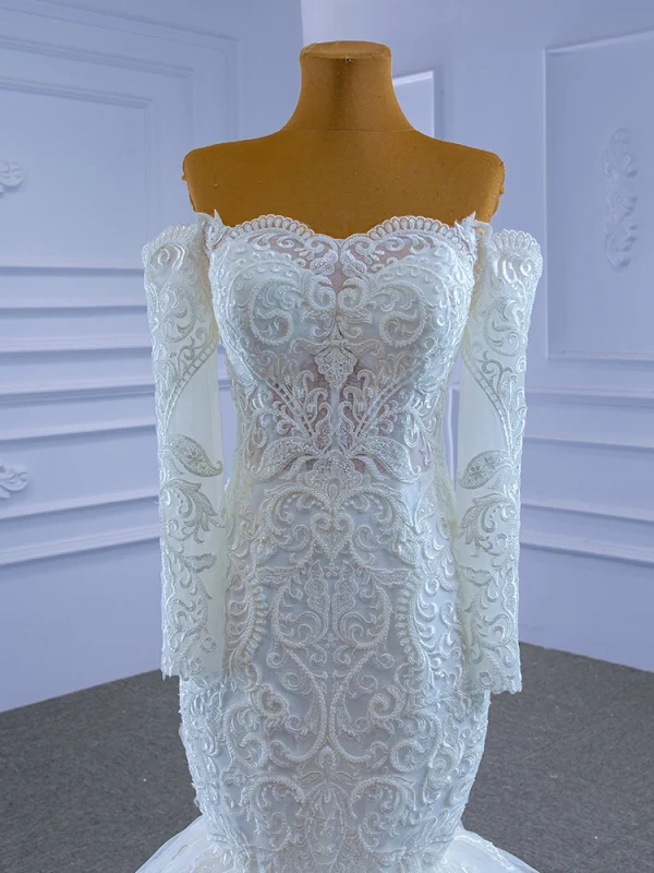 High-end White Wedding Dresses 2021 Trumpet / Mermaid Off-The-Shoulder Lace Flower Long Sleeve Backless Court Train Wedding