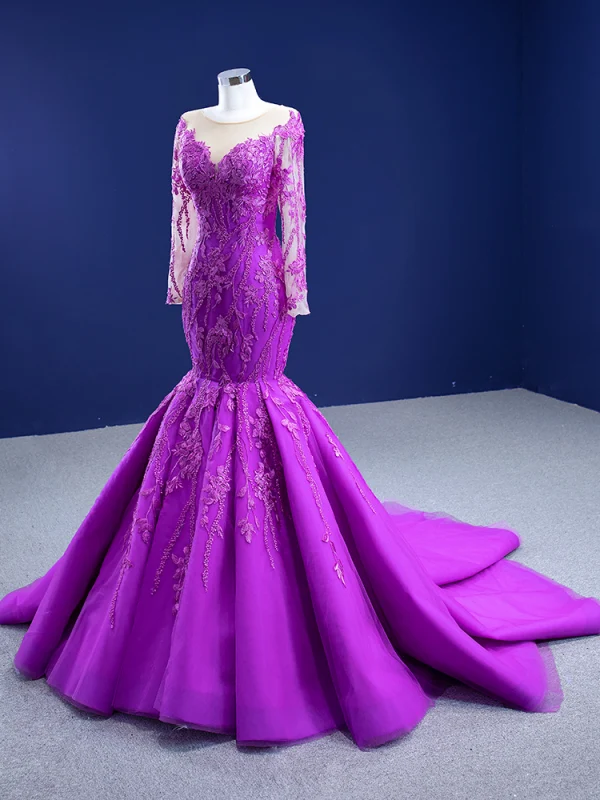 High End Violett Spitze Blumen Ballkleider 2021 Meerjungfrau Rundhalsausschnitt Lange Ärmel Kapelle-Schleppe Festliche Kleider