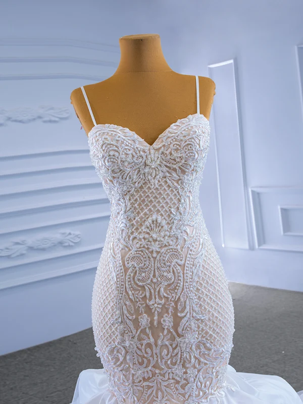 Luxe Haut de Gamme Charmant Blanche Volants en Cascade Robe De Mariée 2021 Trompette / Sirène Bretelles Spaghetti Sans Manches Perlage Perle En Dentelle Fleur Dos Nu