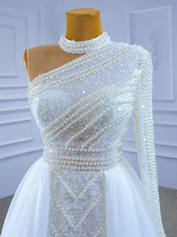 High End Glitzernden Weiß Brautkleider / Hochzeitskleider 2021 Meerjungfrau Perlenstickerei Stehkragen Perle Pailletten Lange Ärmel Rückenfreies Hof-Schleppe Hochzeit