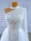 High End Glitzernden Weiß Brautkleider / Hochzeitskleider 2021 Meerjungfrau Perlenstickerei Stehkragen Perle Pailletten Lange Ärmel Rückenfreies Hof-Schleppe Hochzeit