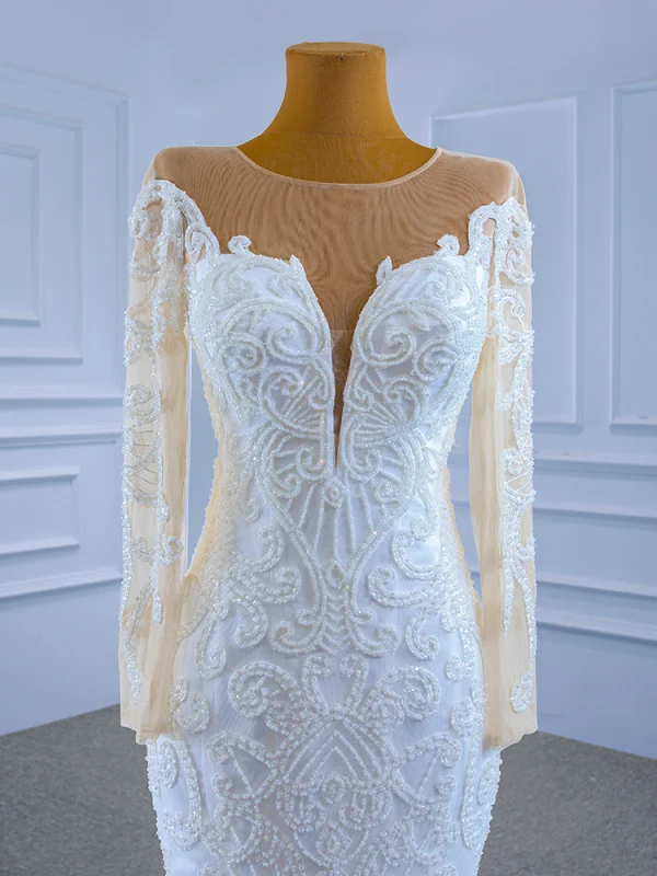 High-end White Beading Sequins Wedding Dresses 2021 Trumpet / Mermaid Scoop Neck Long Sleeve Cathedral Train Wedding