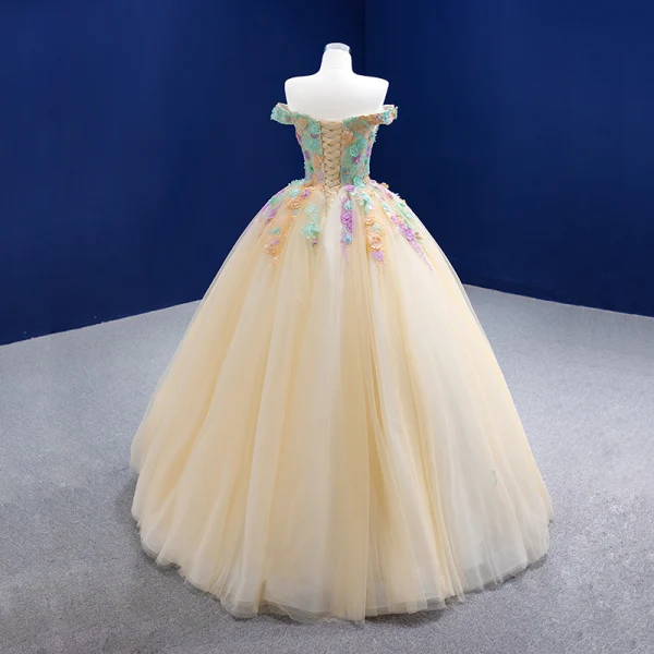 Flower Fairy Chic / Beautiful Champagne Pearl Lace Flower Prom Dresses 2021 Ball Gown Off-The-Shoulder Sleeveless Backless Floor-Length / Long Formal Dresses
