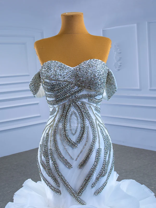Luxury / Gorgeous High-end White Beading Rhinestone Cascading Ruffles Wedding Dresses 2021 Trumpet / Mermaid Off-The-Shoulder Sleeveless Backless Chapel Train Wedding
