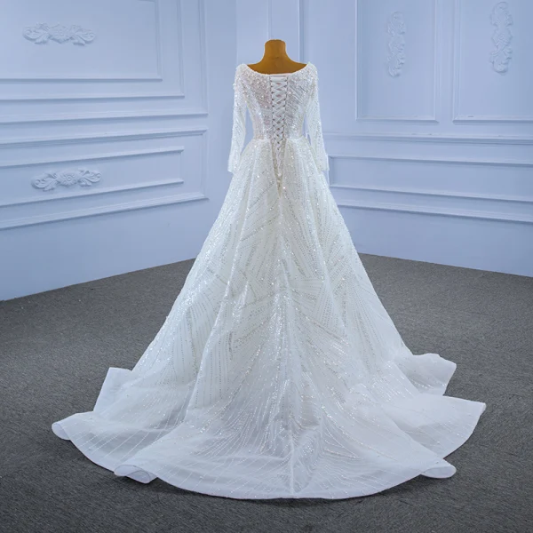 Scintillantes Haut de Gamme Blanche Perlage Perle Paillettes Robe De Mariée 2021 Trompette / Sirène U-Cou Manches Longues Dos Nu Longue Mariage