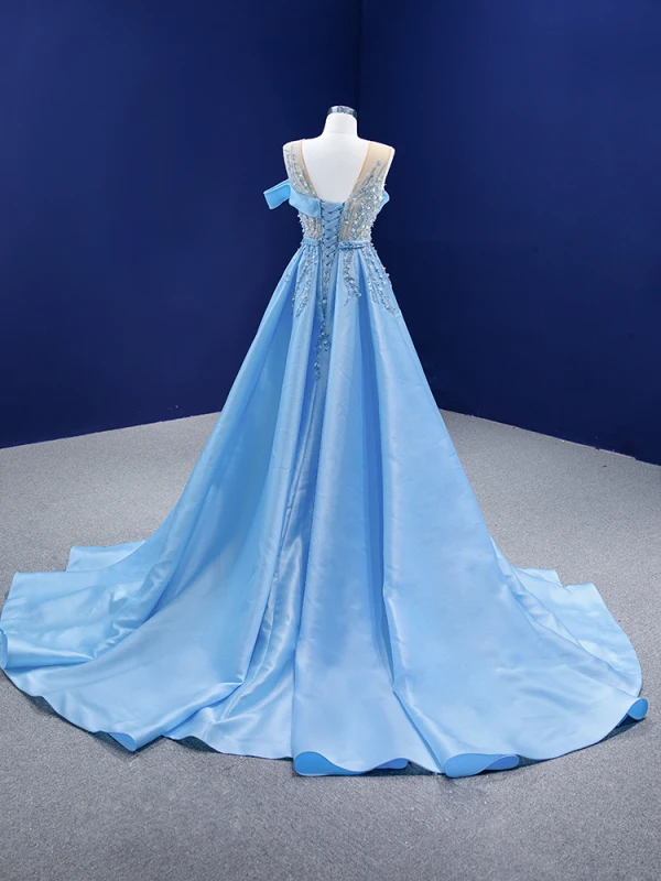 High-end Pool Blue Beading Pearl Sequins Prom Dresses 2021 Trumpet / Mermaid Scoop Neck Sleeveless Backless Chapel Train Formal Dresses