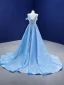 High-end Pool Blue Beading Pearl Sequins Prom Dresses 2021 Trumpet / Mermaid Scoop Neck Sleeveless Backless Chapel Train Formal Dresses