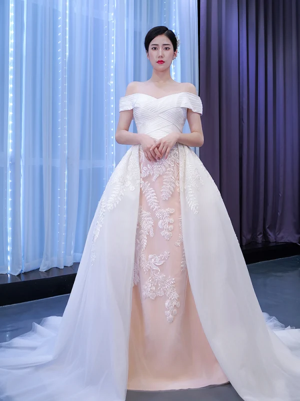 High End Weiß Spitze Blumen Brautkleider / Hochzeitskleider 2021 Meerjungfrau Off Shoulder Kurze Ärmel Rückenfreies Hof-Schleppe Hochzeit