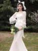 Charming Ivory Lace Flower Wedding Dresses 2021 Trumpet / Mermaid Square Neckline Bow Bell sleeves Backless Sweep Train Wedding