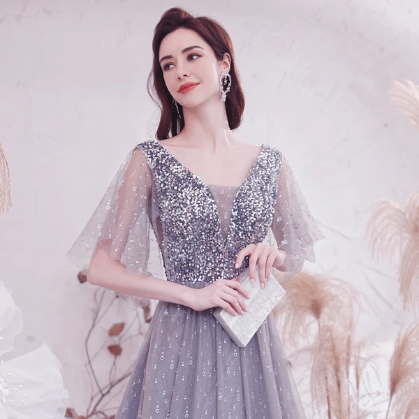 Sparkly Grey Beading Sequins Prom Dresses 2021 A-Line / Princess V-Neck 1/2 Sleeves Backless Floor-Length / Long Formal Dresses