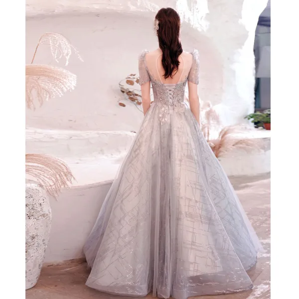 Chic / Belle Argenté En Dentelle Fleur Robe De Bal 2021 Princesse Col Haut Perlage Perle Faux Diamant Paillettes Manches Courtes Dos Nu Longue Robe De Ceremonie