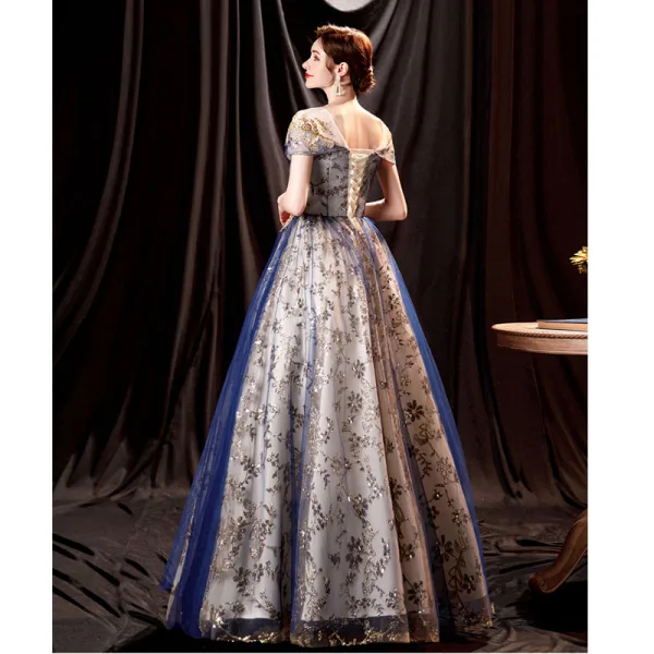 Charmant Bling Bling Océan Bleu Robe De Bal 2021 Princesse Encolure Dégagée Perlage Paillettes En Dentelle Fleur Manches Courtes Dos Nu Longue Robe De Ceremonie