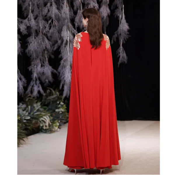 Chic / Belle Rouge Paillettes manteau Robe De Bal Robe De Soirée 2021 Princesse Encolure Dégagée Sans Manches Longue Robe De Ceremonie