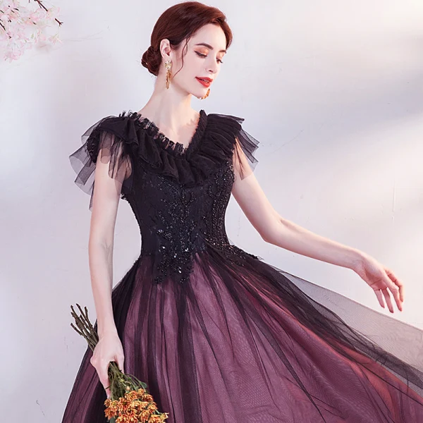 Vintage / Originale Violet Perlage Paillettes En Dentelle Fleur Robe De Bal 2021 Princesse V-Cou Manches Courtes Dos Nu Longue Robe De Ceremonie