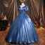 Chic / Beautiful Ocean Blue Satin Prom Dresses 2021 Scoop Neck Puffy Short Sleeve Backless Floor-Length / Long Formal Dresses
